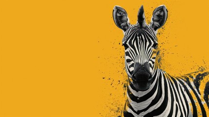  a zebra standing in front of a yellow background with a black and white picture of it's head in the center of the picture, and a black and white zebra's head in the foreground.