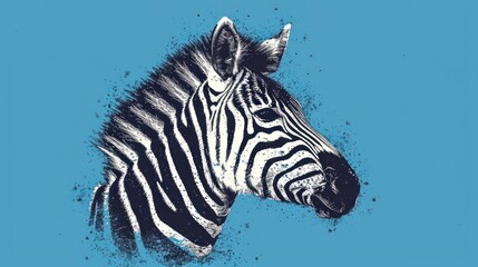Fototapeta na wymiar a close up of a zebra's head on a blue background with black and white paint splattered on the left side of the zebra's head.