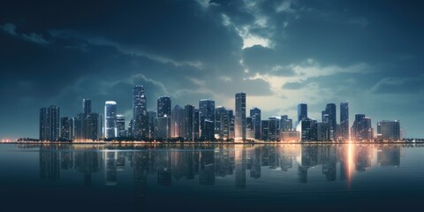 Obraz premium A captivating view of a city at night as seen from the water. This image can be used to depict the vibrant nightlife of the city or to illustrate the beauty of urban landscapes.
