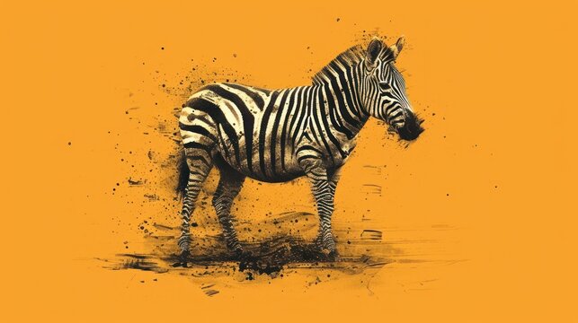 a zebra standing on top of a dirt field next to a yellow wall and a black and white drawing of a zebra on the side of the wall of a yellow wall.
