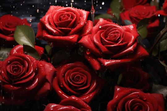 A stunning image of a bunch of red roses with glistening water droplets. Perfect for any occasion or event