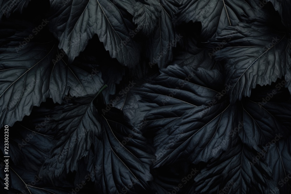 Poster a close-up shot of a bunch of black leaves. perfect for adding a touch of darkness and mystery to an
