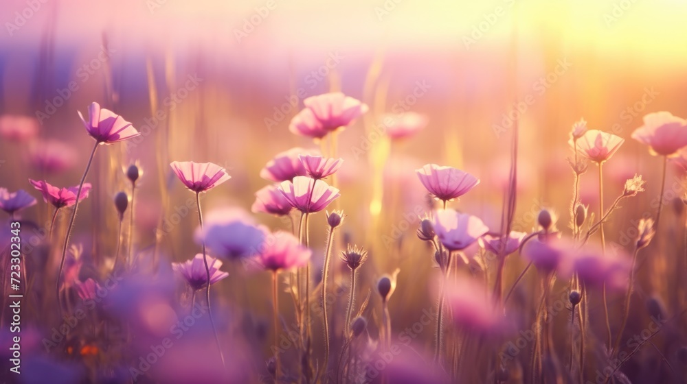 Poster A stunning view of a field of pink flowers with the sun setting in the background. Perfect for adding a touch of beauty to any project