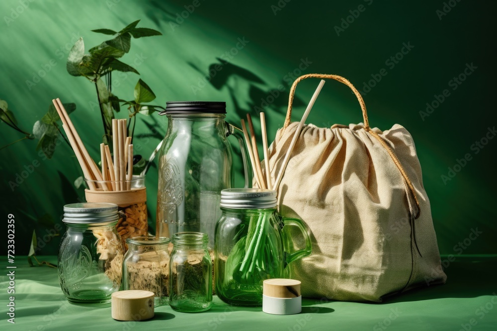 Poster Glass jars arranged on a table. Versatile image suitable for various projects