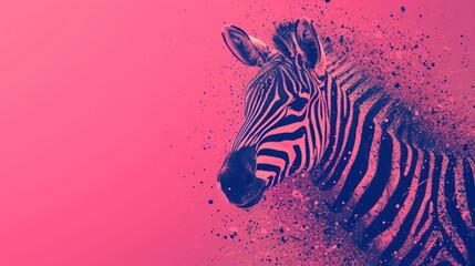 Fototapeta na wymiar a close up of a zebra's head and body against a pink and blue background with a splash of dirt on the left side of the zebra's head.