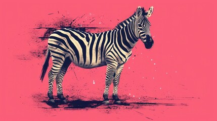 Fototapeta na wymiar a zebra standing in front of a pink background with a splash of paint on the side of it's head and a black and white stripe on the side of the zebra.