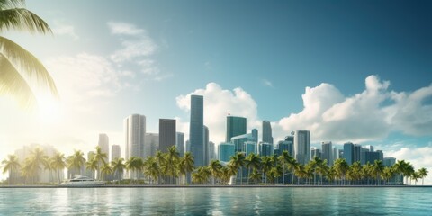 A picturesque city skyline with palm trees in the foreground. Perfect for urban and tropical-themed...