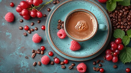 Obraz na płótnie Canvas a cup of hot chocolate with raspberries and coffee beans on a blue saucer surrounded by coffee beans and raspberries on a blue background with green leaves.