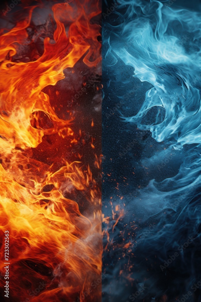 Aufkleber Fire and water collide in a captivating display on a black background. Perfect for adding a touch of contrasting elements to any design