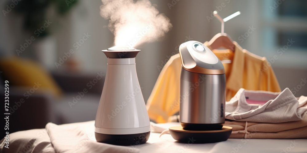 Poster a compact humidifier sitting on top of a table next to a cup. suitable for home or office use