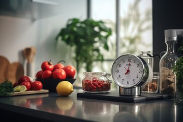 A clock sitting on top of a kitchen counter. Perfect for adding a touch of style and functionality to any kitchen