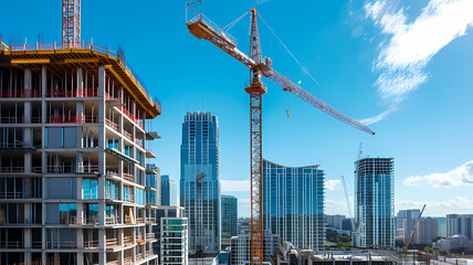 Fototapeta premium Tower Cranes at Work on a Sunny Day. Construction Site Project