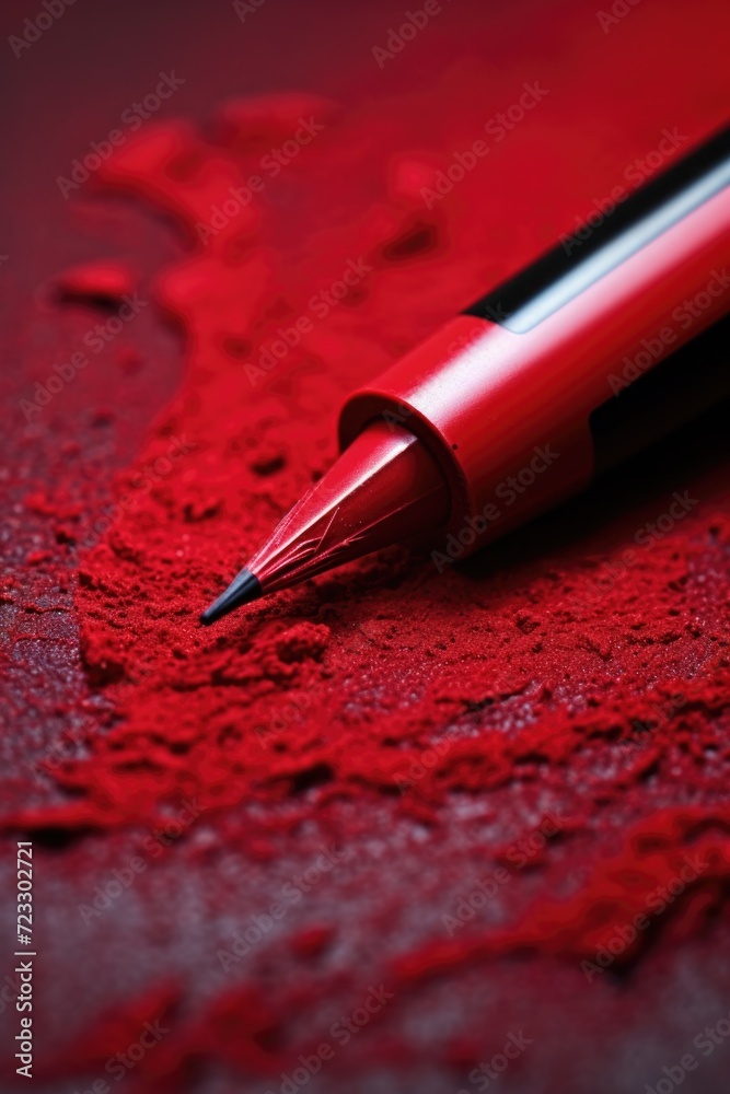 Poster A detailed close-up view of a red pen placed on a smooth red surface. Suitable for various professional or creative projects