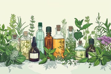 vials of essential oil and herbs on a white background. The concept of health