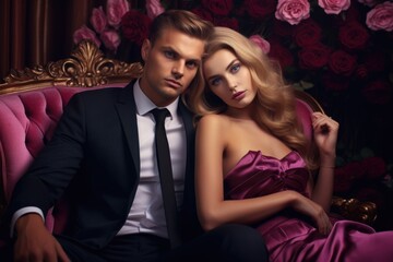 A picture of a man and a woman sitting together on a pink couch. Can be used to illustrate a couple spending time together or to represent a cozy home environment