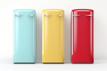 A row of three refrigerators sitting next to each other. Suitable for showcasing different appliance options or for illustrating a kitchen design concept
