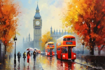 Fotobehang Londen rode bus A painting of a red double decker bus on a city street. Can be used to depict urban transportation and city life
