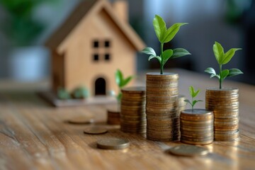 Coins stacked on each other in the form of a house and a green plant. The concept of growing money.