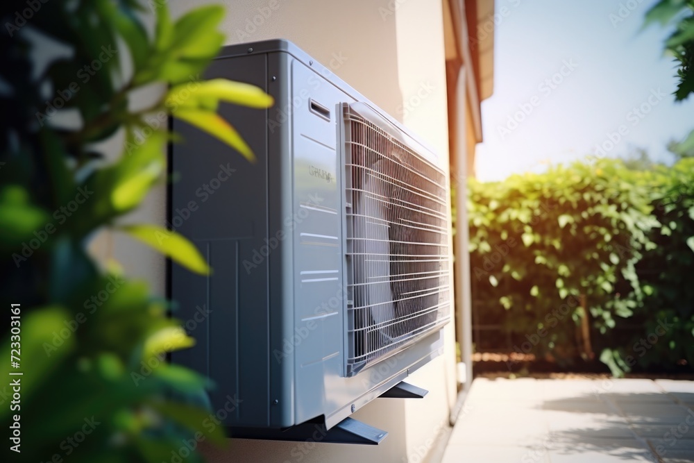 Poster A building with an air conditioner unit installed on the side. Suitable for illustrating architecture, construction, or energy efficiency