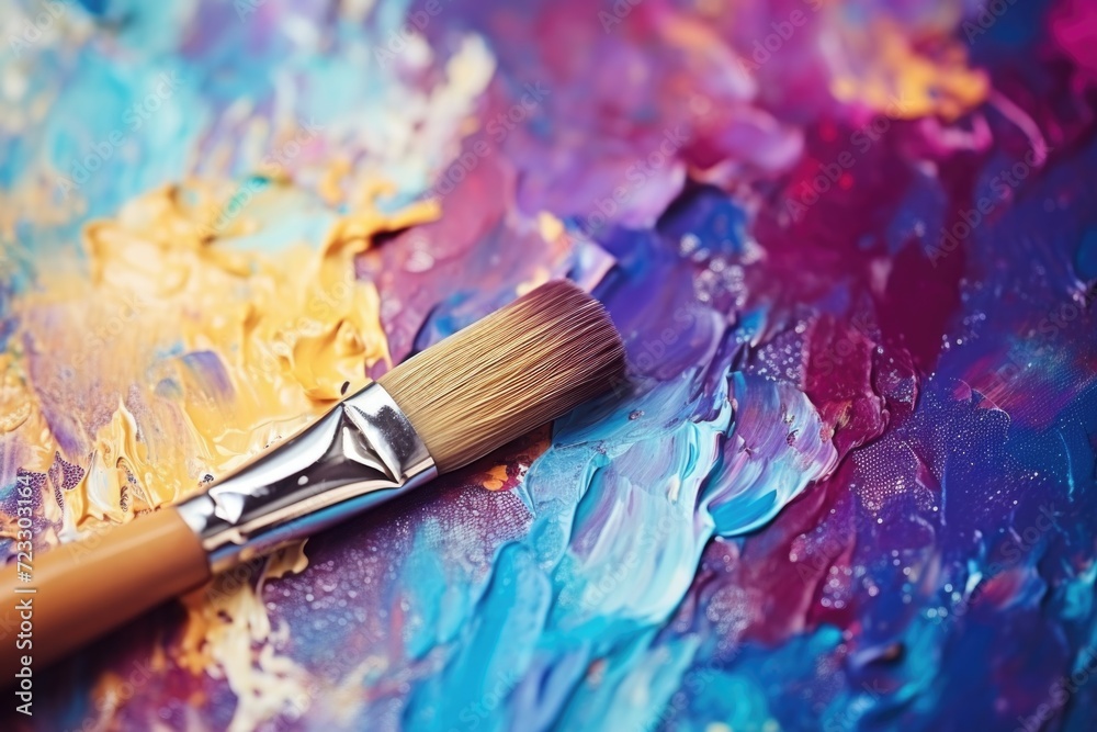 Poster Close up view of a paintbrush resting on a vibrant and colorful surface. Ideal for artistic projects and creative concepts