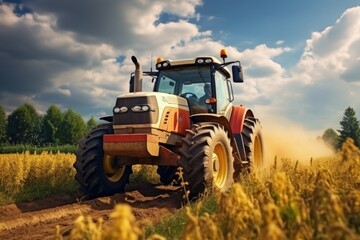 Fototapeta premium A picture of a tractor driving through a field of tall grass. Suitable for agricultural or rural-themed projects