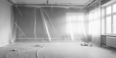 A room undergoing painting and renovation, with plastic covering the furniture and floors. Ideal for illustrating home improvement or renovation projects