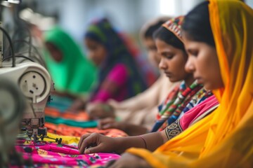 Indian Women Seamstresses In A Factory - Outstandingly Symmetrical Image With Centered Composition And Ample Copy Space - obrazy, fototapety, plakaty