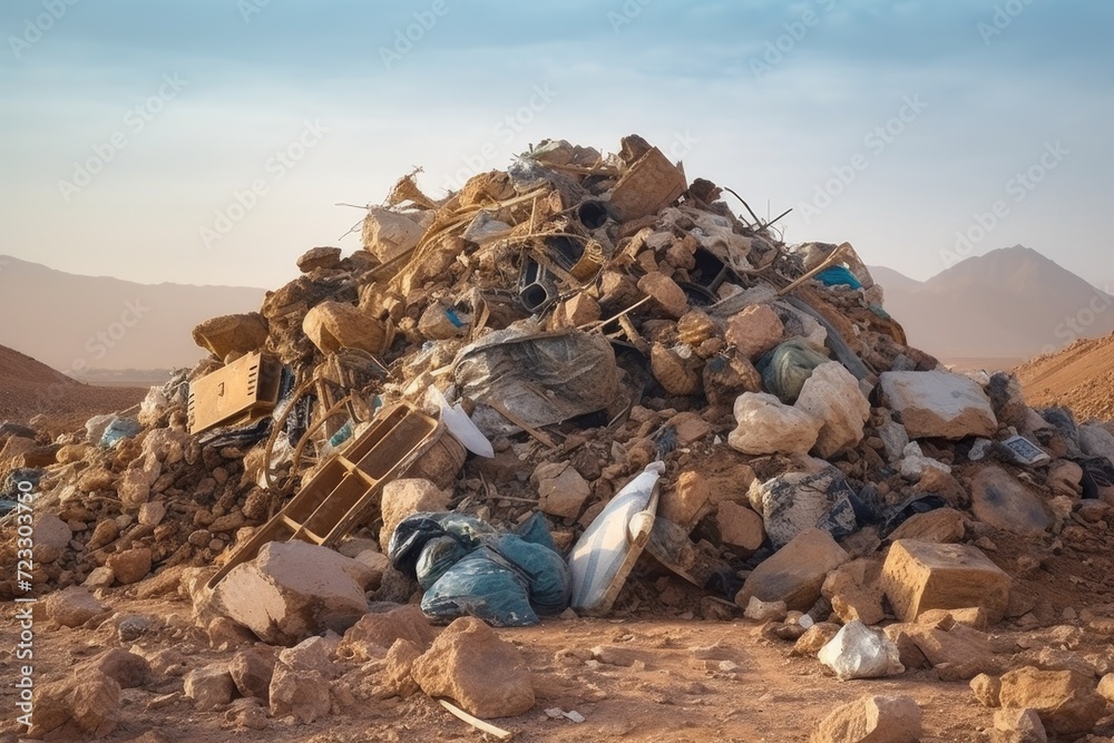 Aufkleber a pile of trash in the desert with mountains in the background. this image can be used to portray en