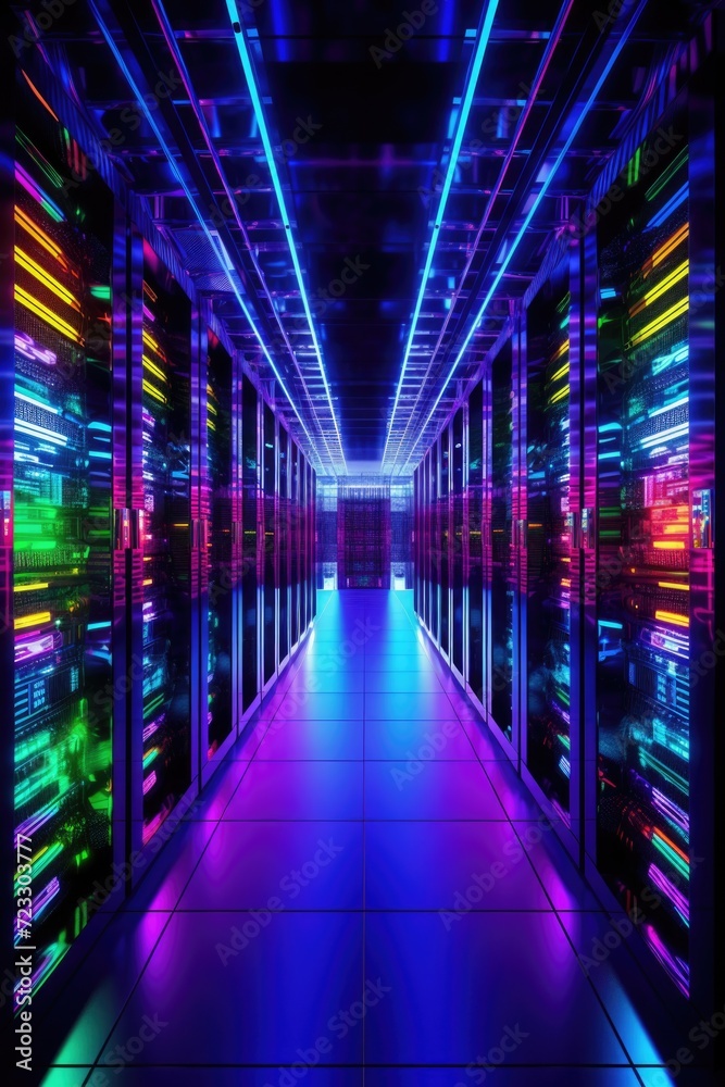 Fototapete A long hallway filled with rows of servers in a data center. Ideal for illustrating the infrastructure and technology behind data storage and processing.