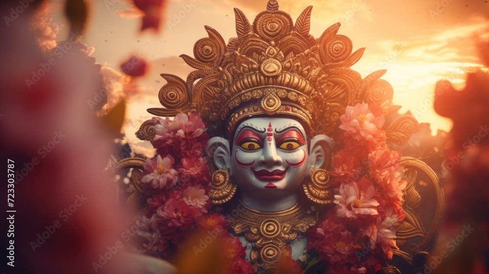 Poster A close-up view of a statue of a person surrounded by beautiful flowers. This image can be used to depict themes of tranquility, beauty, and appreciation of art