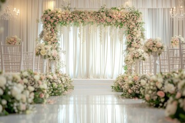 Fototapeta na wymiar Exquisite Indoor Wedding Featuring Stunning Flower Arrangements As Backdrop Decorations, Offering A Picture-Perfect Symmetrical Setting With A Central Focus And Ample Copy Space