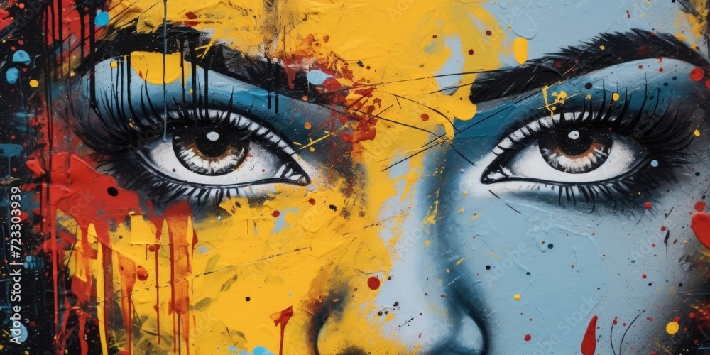 Poster a detailed close-up view of a painting depicting a woman's face. this artwork can be used to add ele