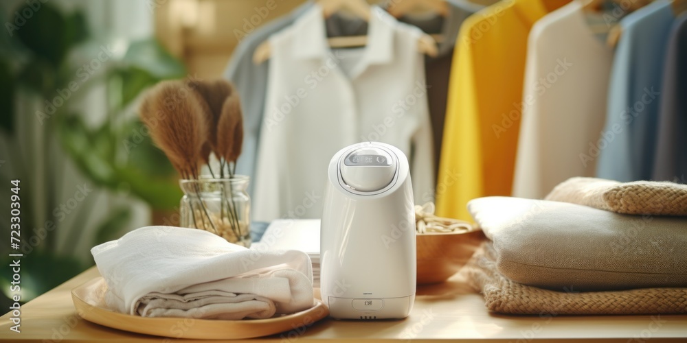 Poster a table with a bottle of liquid and a pile of neatly folded towels. this image can be used to depict
