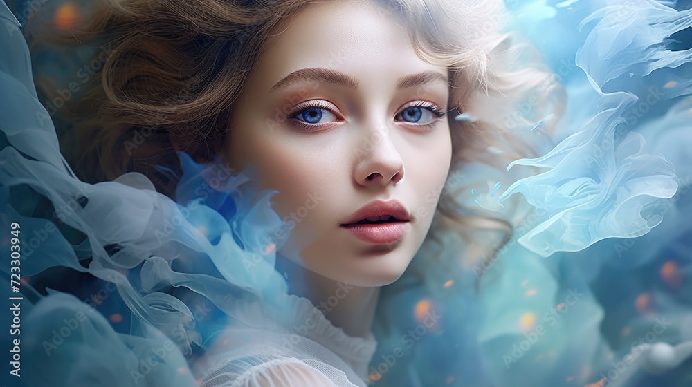 Poster a woman with blue eyes standing amidst swirling smoke. this image can be used to create a mysterious