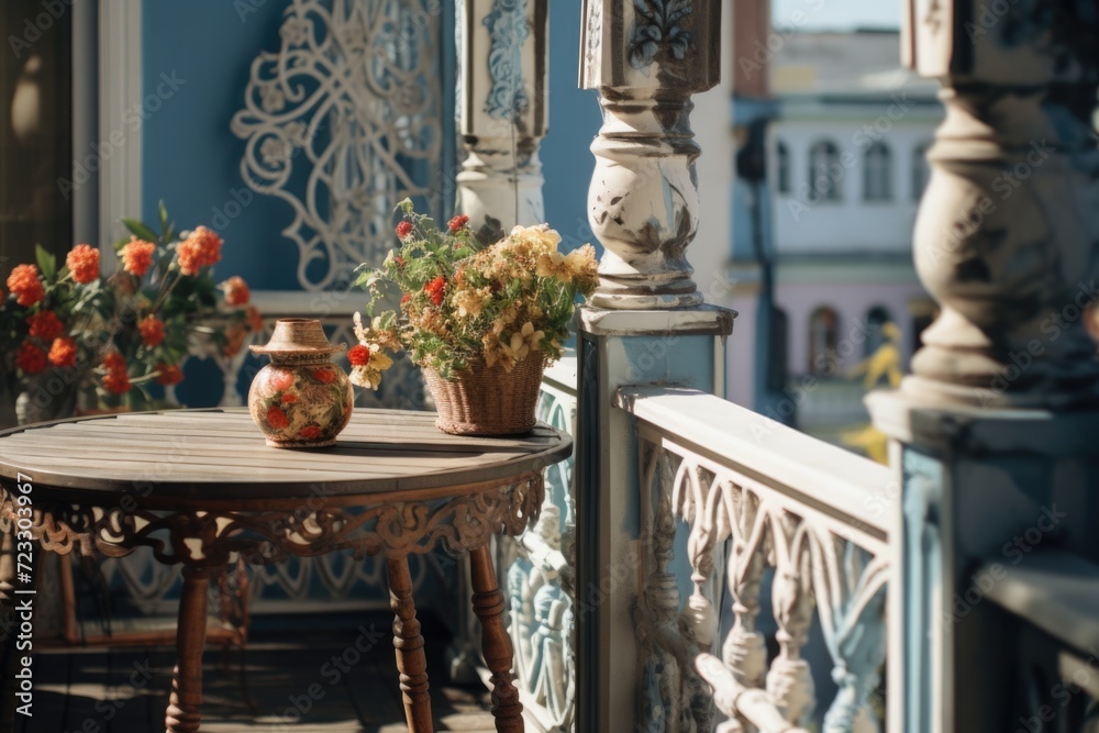 Poster A simple yet elegant table with a beautiful vase of flowers. Perfect for adding a touch of nature to any space