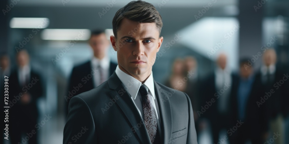 Poster a man in a suit standing confidently in front of a group of people. suitable for business and leader