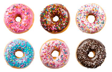 Collection of round donut doughnut, glazed sprinkles set, top view on transparent background cutout, PNG file. Many assorted different. Mockup template for artwork	

