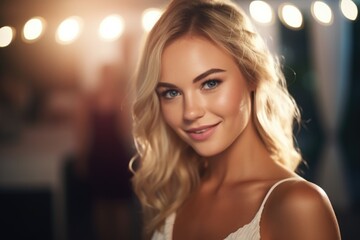 Fototapeta premium A woman with blonde hair and blue eyes posing for a picture. This image can be used for various purposes