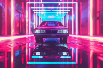 Perfectly Symmetrical Photo Of A Retro Car Cruising Through A Vibrant Neon City, With Copy Space In The Center