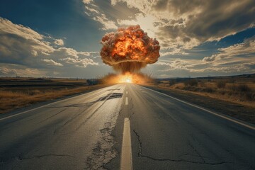 Road Leading Towards Mushroom Cloud Explosion, Representing The Devastating Impact Of Nuclear Warfare