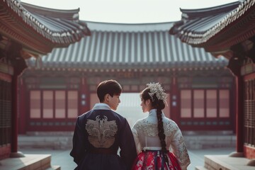 Romantic Couple In Classic Korean Drama Setting, Expressing Love And Connection - obrazy, fototapety, plakaty