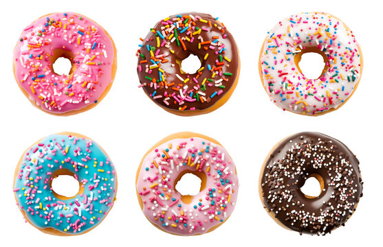 Collection of round donut doughnut, glazed sprinkles set, top view on transparent background cutout, PNG file. Many assorted different. Mockup template for artwork	
