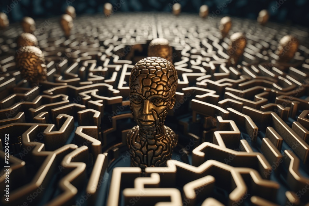 Aufkleber group of gold statues in a maze. perfect for illustrating concepts such as mystery, exploration, and