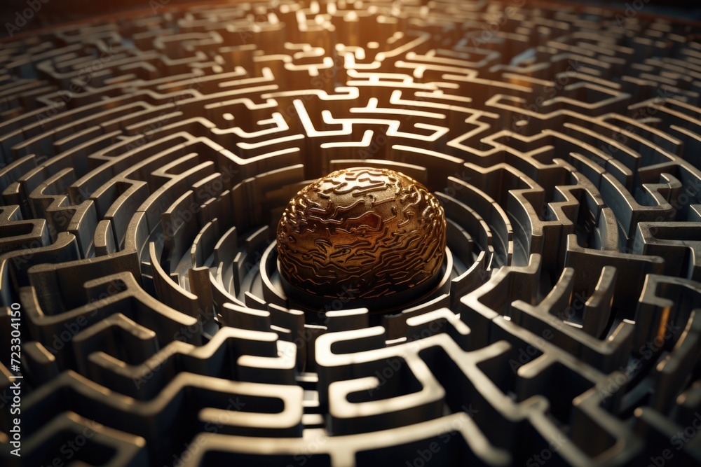 Poster A round maze featuring a golden ball in the center. This image can be used to depict puzzles, problem-solving, or finding one's way