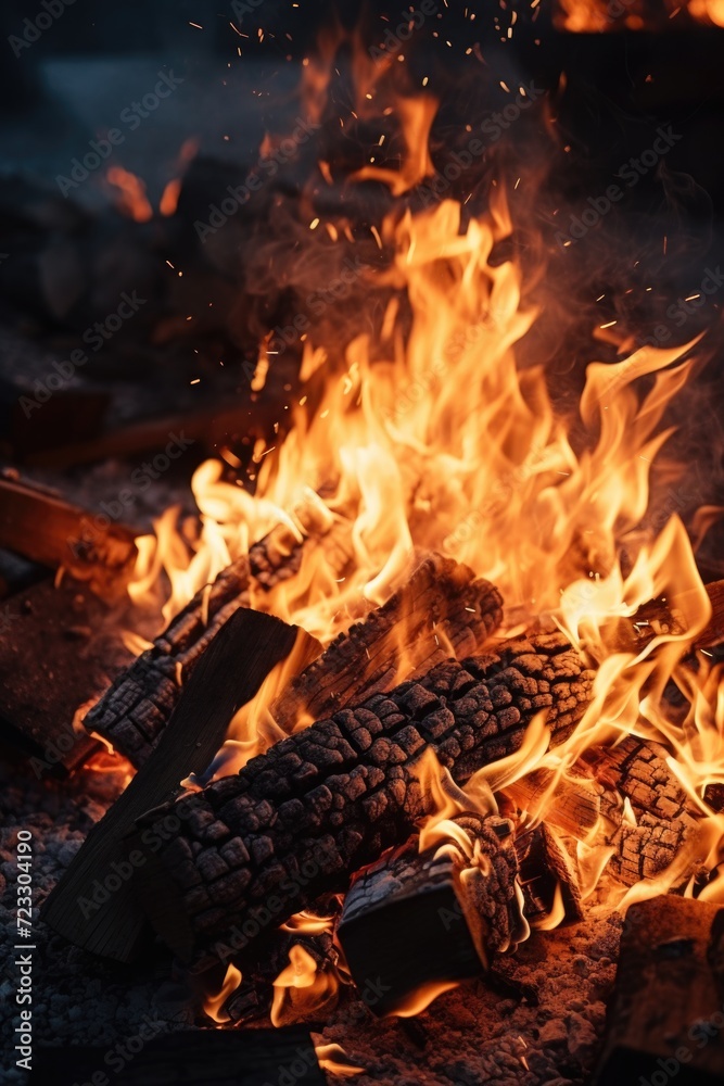 Poster A close-up view of a fire with intense flames. This image captures the vibrant and dynamic nature of fire. Perfect for illustrating concepts related to heat, energy, danger, and intensity.