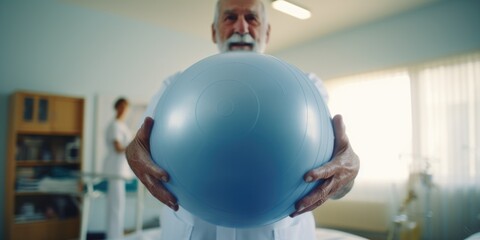 A man holding a blue ball in a hospital room. Can be used to depict physical therapy or rehabilitation