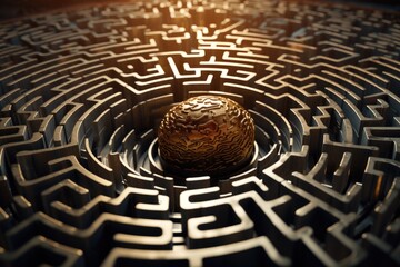 A round maze featuring a golden ball in the center. This image can be used to depict puzzles, problem-solving, or finding one's way
