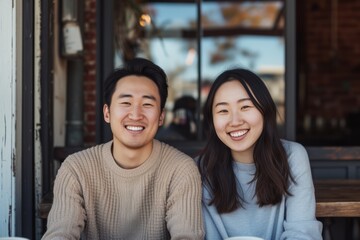 Fototapeta premium Radiant Asian Couple Radiates Joy In Immaculate Symmetrical Portrait, Centred, With Room For Text