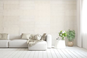 White living room with sofa. Scandinavian interior design. 3D illustration