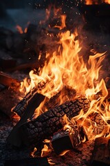 A close-up view of a fire with intense flames. This image captures the vibrant and dynamic nature of fire. Perfect for illustrating concepts related to heat, energy, danger, and intensity.